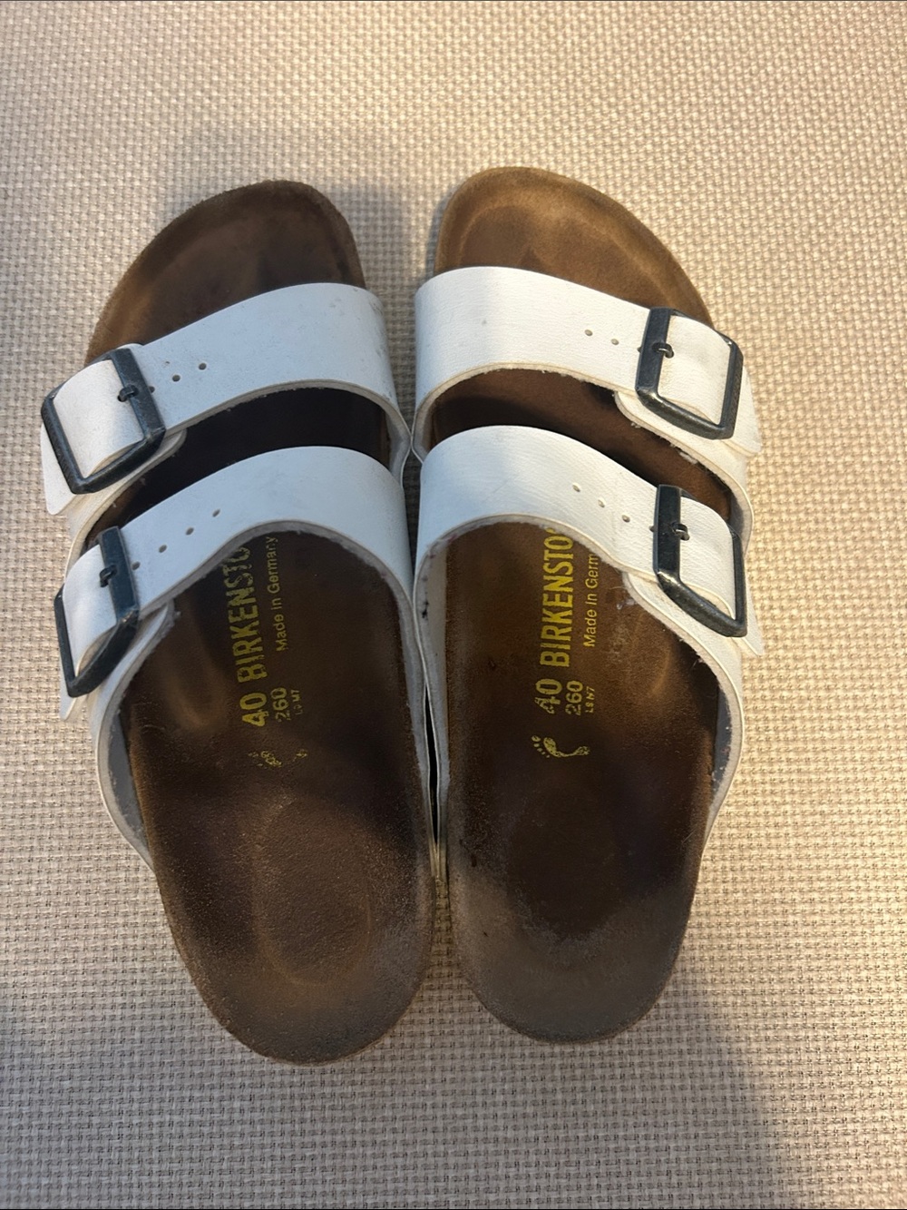 Birkenstock White Double-Strap Sandals with Black Buckles